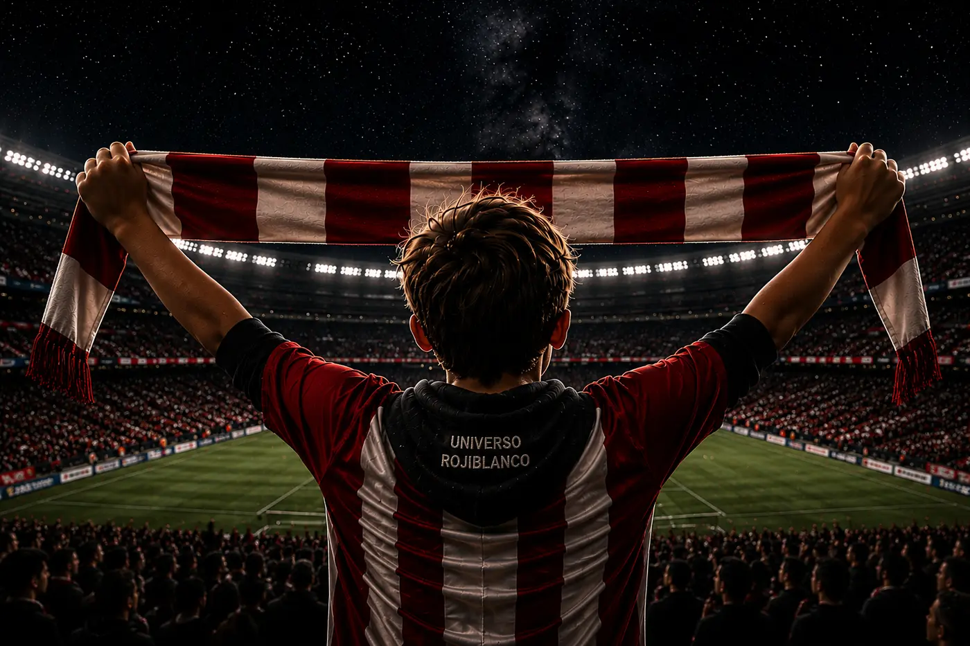 Aficionado levantando una bufanda rojiblanca